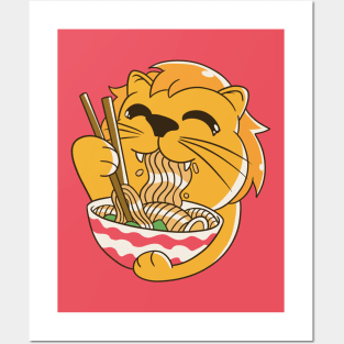 Cute Cartoon Lion Eating Ramen Posters and Art